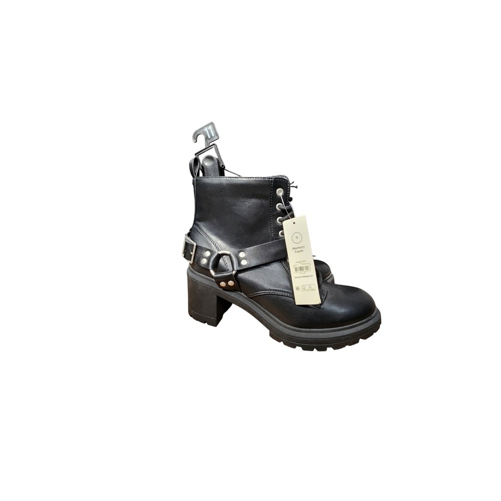 Time and Tru Womens Black Moto Boots Memory Foam Chunky Block Heel Size 11 NEW